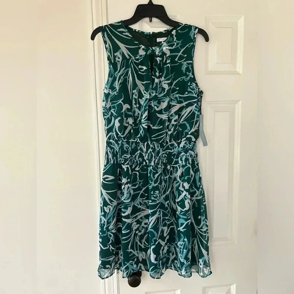 NWT London Times Sleeveless Smocked Hip Yoke Mini Dress in Green/Aqua 8 - Picture 6 of 14